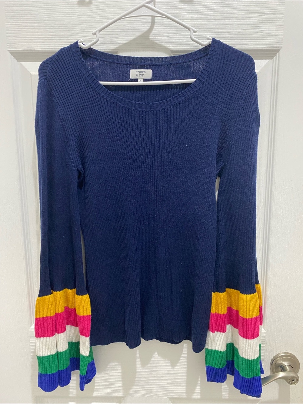 Crown & Ivy Navy Ribbed Sweater with Multicolor Stripe Bell Sleeves 💙💛🩷